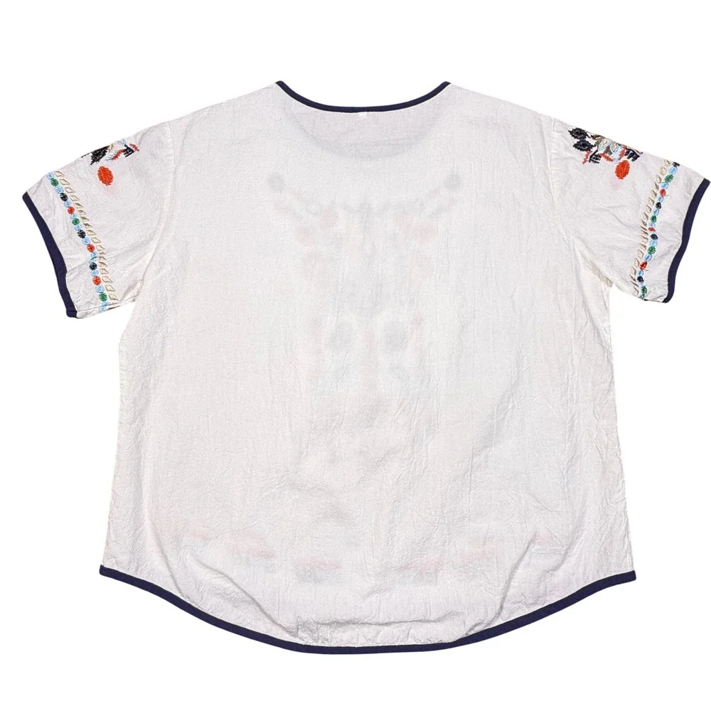 White Cotton Linen Embroidered Boho Short Sleeve Top Sz M lightweight Oversized - Picture 2 of 10